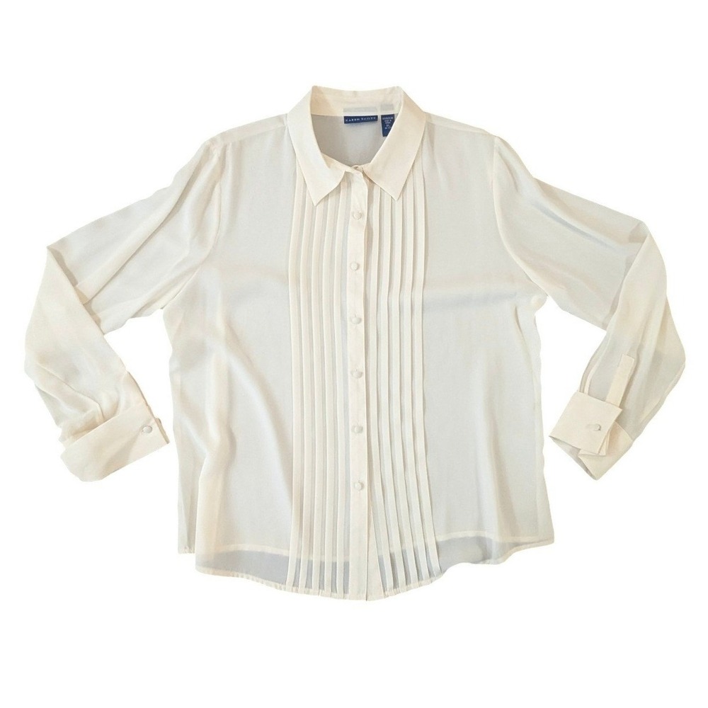 Karen Scott Women XL Ivory Pleated Tuxedo Front Button Down Blouse Long Sleeve